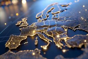Illuminated European map, global network, night. Business, travel, technology concept photo