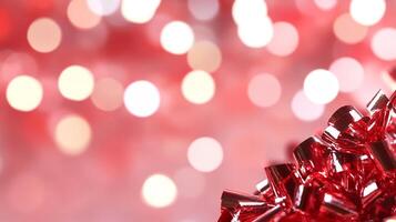 Red ribbon bow, bokeh lights, festive background, holiday card photo