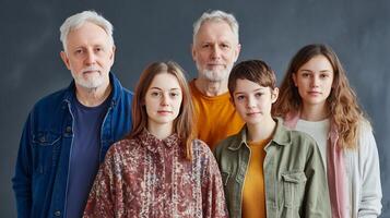 Multigenerational family portrait, studio setting, grey background, diverse ages photo