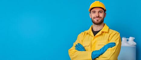 Happy worker in yellow uniform, blue background photo