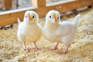 Two fluffy chicks in coop. Farm animals photo