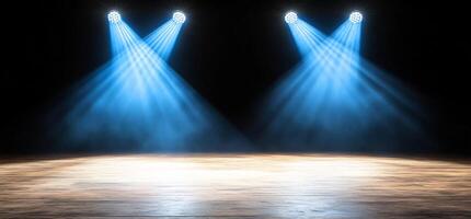 Stage spotlights on wooden floor, dark background. Event backdrop photo