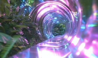 A colorful tunnel with plants and lights photo