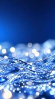 Blue water waves, bokeh lights, abstract background, design photo