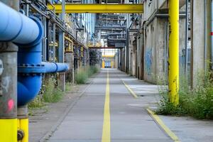 Industrial walkway, pipes, factory, overgrown, abandoned, pathway, infrastructure, for industrial or environmental themes photo