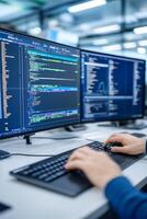 Programmer coding software, office background photo