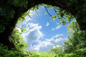 A green tunnel with a blue sky and clouds photo