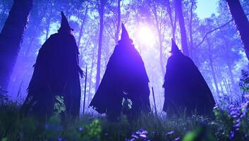 Three witches walk in mystical forest at dusk. Halloween imagery photo