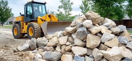 Loader moves rocks, residential background. Construction photo
