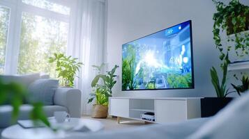 Smart TV displaying nature scene in modern living room photo