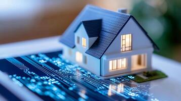 Smart home technology, digital security, illuminated house model on circuit board photo