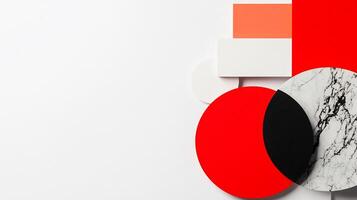 Red, white, and marble shapes on white background. Abstract design for branding photo
