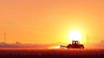 Farmer harvesting wheat at sunset, power lines in background photo
