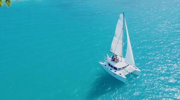 A sailboat in the ocean with palm trees photo