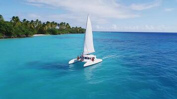 A catamaran sailing in the ocean near a beach photo