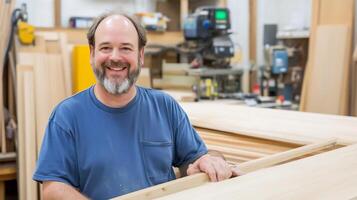 Happy carpenter smiling in workshop, wood pieces background. Use website, article photo