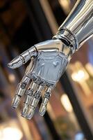 Chrome robotic hand reaching, bokeh background, technology future photo