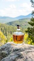 Whiskey bottle rests on mountain rock, scenic view photo