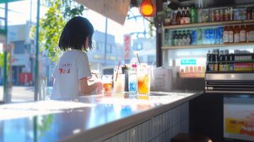 A woman is standing at a counter in front of a bar photo