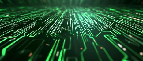 Futuristic green circuit board, technology, digital, background, data flow photo