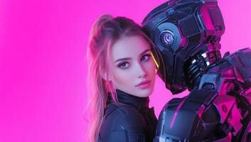 Woman and robot hug, pink background, future tech photo