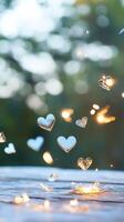 Silver hearts falling, bokeh background, romantic, wood table, Valentine's Day card photo