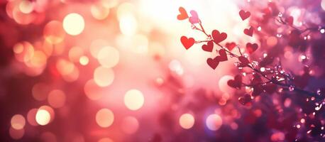 A dreamy background featuring heart shapes and soft bokeh lights. photo