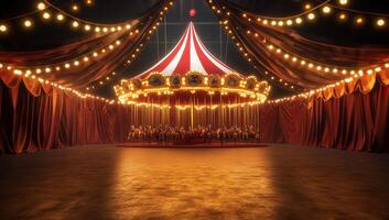 A vibrant carousel in a festive circus setting with warm lighting. photo