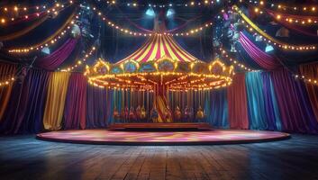 A vibrant carousel in a colorful circus setting with festive lighting. photo