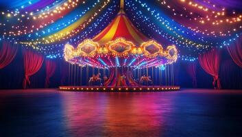 A vibrant carousel under colorful lights in a festive setting. photo