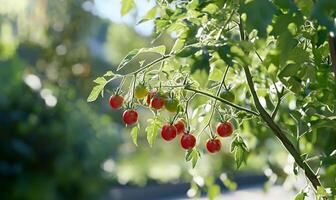 Ripe cherry tomatoes growing on a vine in a garden setting. photo