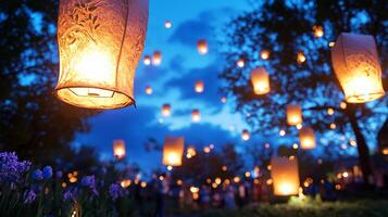Lanterns illuminate a twilight gathering, creating a magical atmosphere. photo