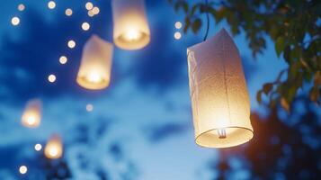 Illuminated lanterns float in the evening sky, creating a serene atmosphere. photo
