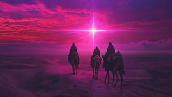 Three figures on camels under a glowing cross in a colorful sky. photo