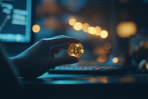 A hand holding a Bitcoin in a dimly lit environment. photo