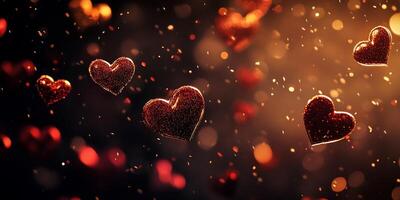 A dreamy scene of floating hearts amidst shimmering particles. photo