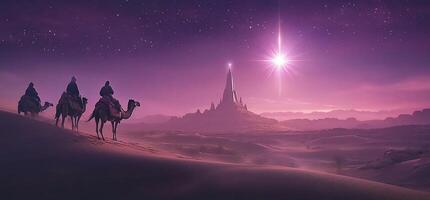 A mystical desert scene with travelers on camels against a starry sky. photo