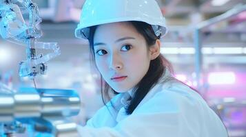 A scientist in a lab, wearing a helmet and focused on robotics. photo