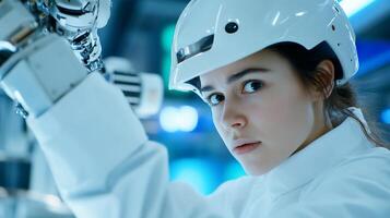 A focused individual in a lab setting, working with robotic technology. photo