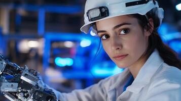 A focused engineer working on robotic technology in a lab setting. photo