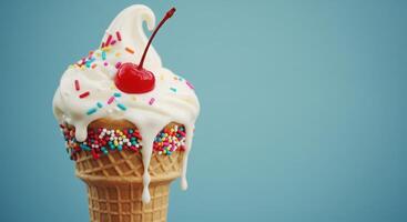 Ice cream cone with cherry and sprinkles on blue background photo