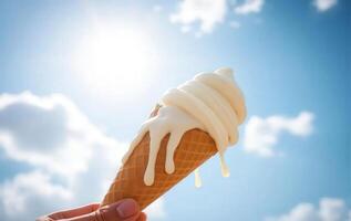 Hand holding an ice cream cone with a sun in the background photo