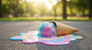 An ice cream cone with colorful paint on the ground photo