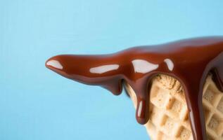 Chocolate melting in a waffle cone on a blue background photo