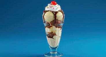 A sundae with ice cream, whipped cream, and chocolate syrup photo