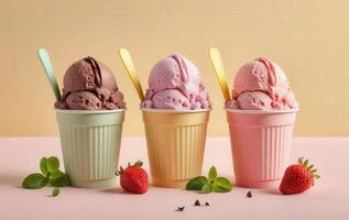 Three ice cream scoops in cups with strawberries photo