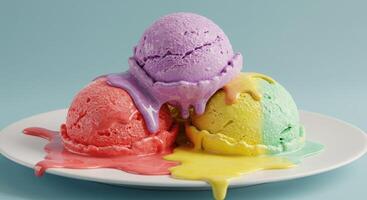 Three ice cream scoops with rainbow colors on top photo