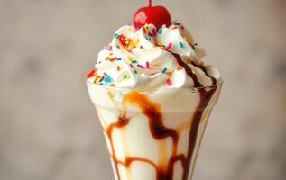 An ice cream sundae with a cherry on top photo