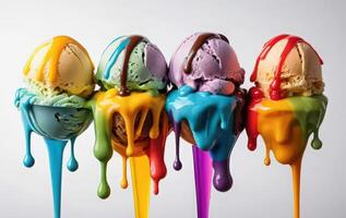 Four ice cream scoops with colorful paint dripping off photo