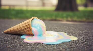 A colorful ice cream cone with a melting liquid photo